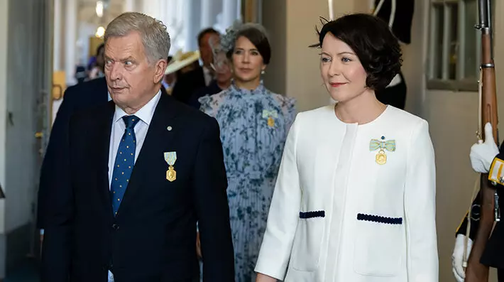 STOCKHOLM, SWEDEN - SEPTEMBER 15, 2023: Sauli Niinistö, President of Finland, wife Jenni Haukio arriving the Royal Palace Church on September 15, 2023. Pictures from the Te Deum in the Royal Palace Church in Stockholm, Sweden. This on the occasion of His Majesty the Kings, King Carl Gustaf of Sweden, celebration of 50 years on the throne in Sweden.Photo by HENRIC WAUGE/Swedish Press Agency