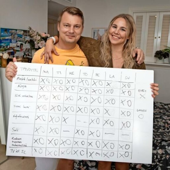 Avopari teki kolmen kuukauden kuntoprojektin, jota he seuraavat fläppitaululla. Rasti ruudussa kertoo suoritetusta tehtävästä. Dani ja Eve