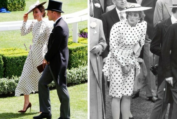 Yksi Dianan suosikkikuoseista oli pilkut, ja Katen Royal Ascot -asu sointui anopin asuun täydellisesti.
