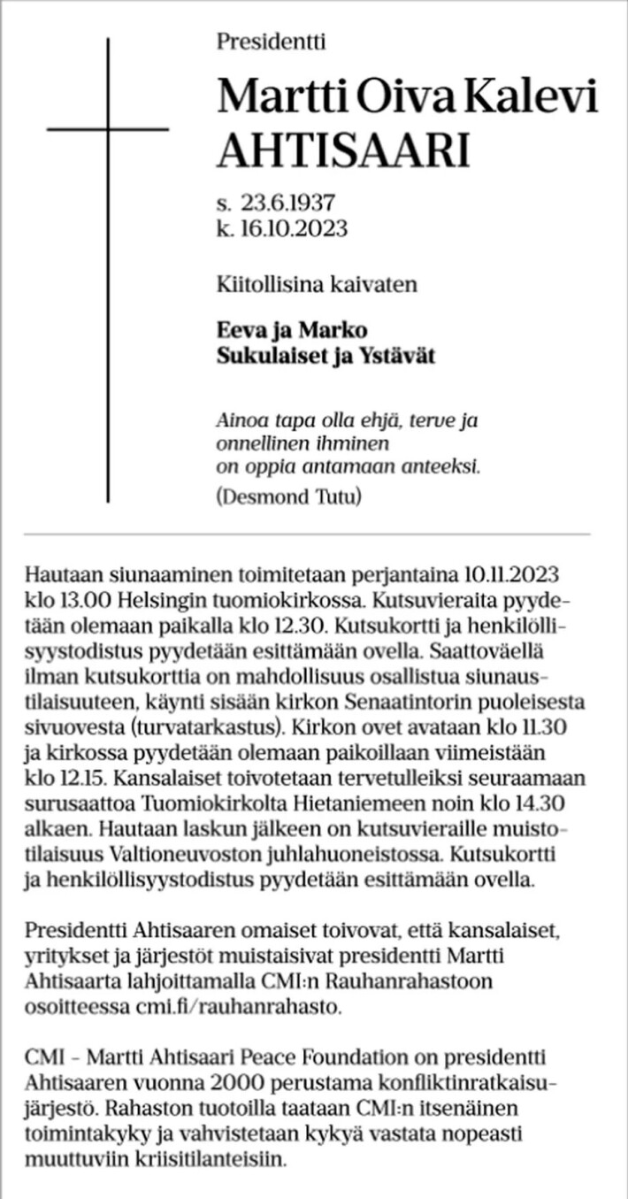 Tällainen on presidentti Martti Ahtisaaren kuolinilmoitus
