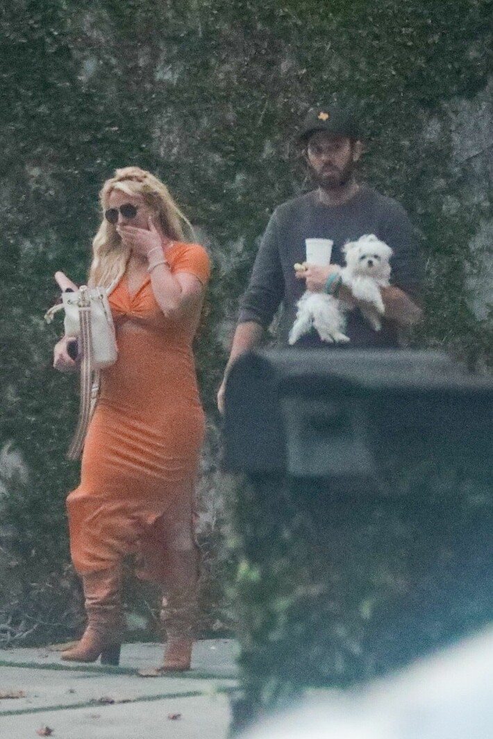 Britneyn asu oli varsin arkinen, mutta tyylitaituri kompensoi sitä näyttävällä oranssilla yleisvärillä, joka sointuu sekä vaaleisiin hiuksiin että valkoiseen käsilaukkuun ja puudeliin.