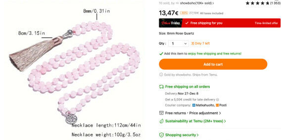 Rakkausmala netissä maksaa 13,47 euroa elämänpuulla ja buddhan päällä. Karitan 102 euron korussa on halvempia helmiä näiden tilalla.