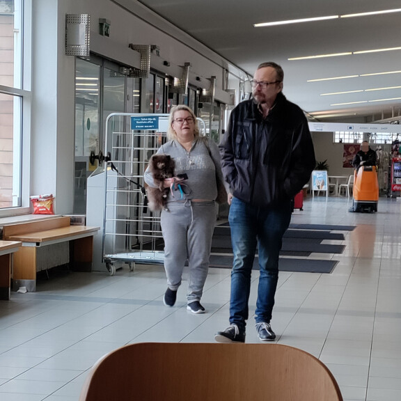Johanna totesi laivaterminaalissa ollessaan kovaan ääneen, että hänellä on nälkä. Johanna kantoi kainalossaan pientä ruskeaa koiraa.