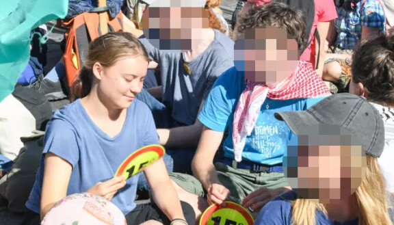 Tunnettu ilmastoaktivisti jutteli seuralaiselleen leppoisasti mielenosoituksen aikana.