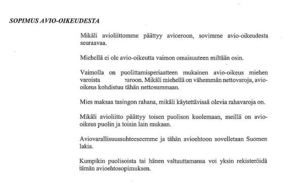 Kuvakaappaus Petri ja Lotta Kontiolan avioehdosta.