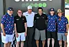 Esa Tikkanen, Mika Häkkinen, Sami Välimäki, Jari Litmanen, Kalle Rovanperä ja Jonne Halttunen kuvattuna Unibetin golftilaisuudessa Tallinnassa.
