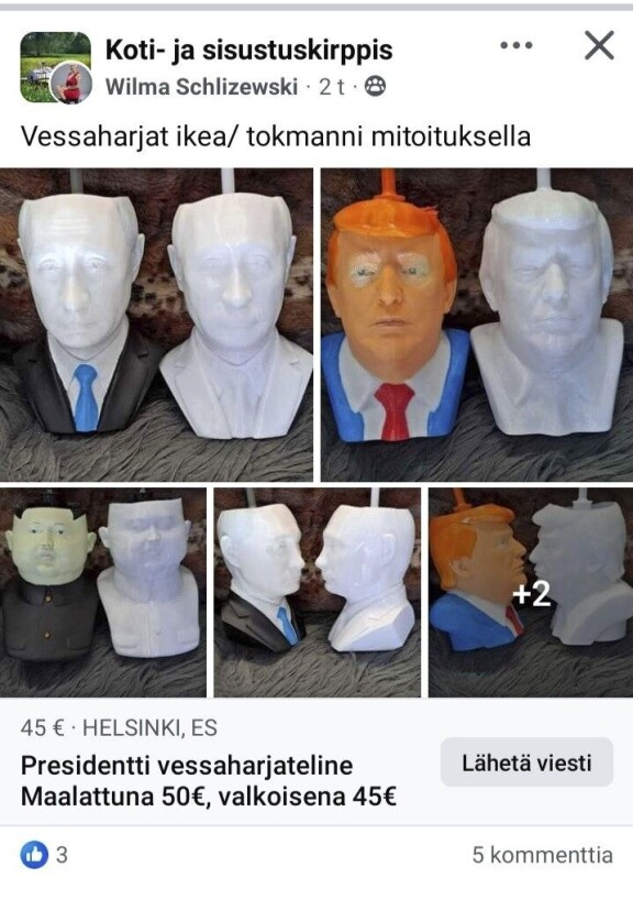 Wilma kaupittelee vitsikkäitä vessaharjatelineitä.