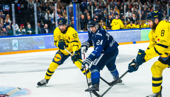 Hannes Björninen on tottunut vääntämään Ruotsia vastaan. Kuva Karjala-turnauksesta 2023.