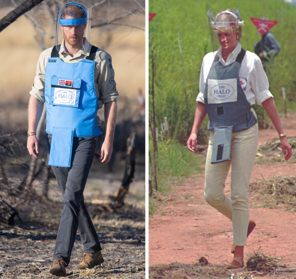 Prinssi Harry vuonna 2019 ja prinsessa Diana vuonna 1997 Angolassa.