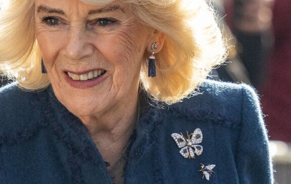 Sinistä, kirkasta ja safiiria. Camilla todella osaa asustaa itsensä koruilla, ja hänellä on siihen mainiot kokoelmat. Hienon takin rinnassa on safiirikoi sekä hevoskärpänen.