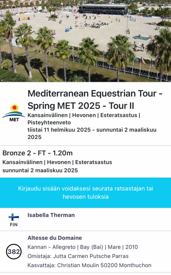 Suomessa Altesse du Domaine -niminen heppa on merkitty Palaci Capitalin omistukseen, mutta Espanjassa hevosen omistajaksi oli ilmoitettu suomalaistaustainen nainen.