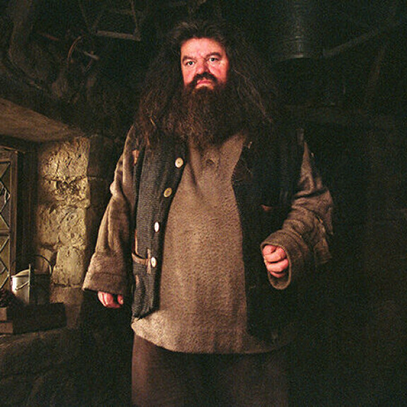 Robbie Coltrane (1950–2022) oli Tylypahkan riistanhoitaja, avainten ja tilusten vahti Rubeus Hagrid. Sisäkuva