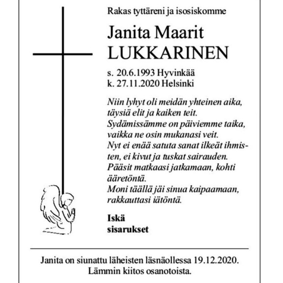 Janita Lukkarinen haudattiin kotimaisemiin – lumiharso peittää viimeistä leposijaa muistokirjoitus