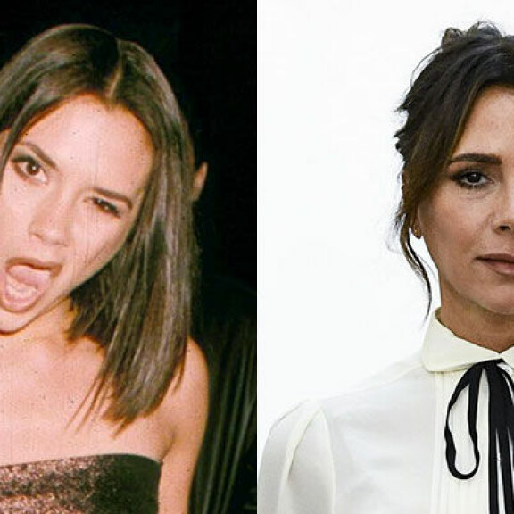 Victoria Beckham (ent. Adams) vuonna 1997 (vas.) ja 2020. Victoria Beckham