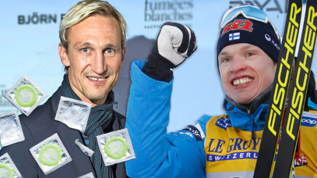 Mitä ihmettä? Emma Kimiläisen kanssa seurusteleva Sami Hyypiä sai Iivo Niskaselta lahjaksi jättikokoisia kondomeja: ”Turvallisia työntöjä!” Sami Hyypiä & Iivo Niskanen.