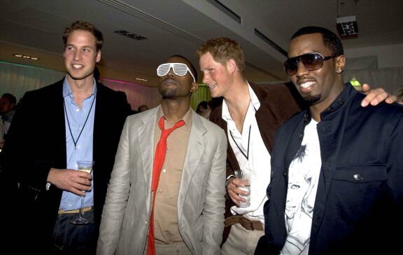 Brittiprinssit juhlivat Kanye Westin ja P. Diddyn kanssa vuonna 2007 Diana -konsertin yhteydessä.