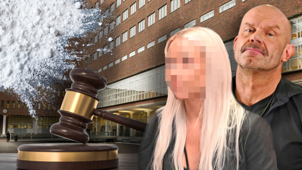 Huumetuomio! Jere Karalahden avovaimon rikostausta paljastui Kuvissa näkyy Jere Karalahti ja avovaimo sekä kuvituskuvat Helsingin käräjäoikeudesta ja valkoinen jauhe.