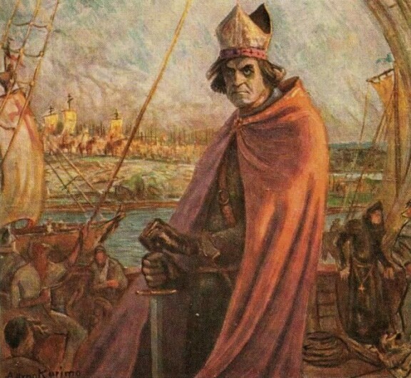 Tuomas-piispa oli iso jehu Turussa 1200-luvulla. Aarno Karimon maalaus. Aarno Karimon maalaus 1200-luvun Tuomas-piispasta.