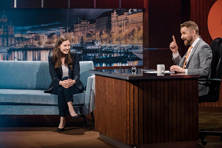 Sanna Marin kertoi Joonas Nordman Show'ssa toukokuussa 2021 siitä, minkälaisella kappaleella päivä lähtee hyvin käyntiin. Sisäkuva