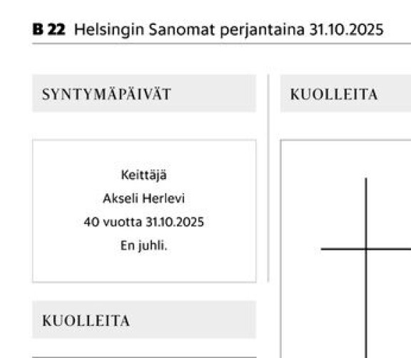 Herlevin julkaisu oli lehden ainoa syntymäpäiväilmoitus.