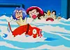 James (Velimatti Ranta), Jessie (Mari Laari) ja Meowth (Pauli Virta) ovat Rakettiryhmä.