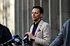Kai Zen Bickle speaks to reporters after his father, Peter Nygard was found guilty of four counts of sexual assault, in Toronto, on Sunday, Nov., 12, 2023. THE CANADIAN PRESS/Christopher Katsarov