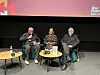 Hannu-Pekka Björkman, Nina Honkanen ja Kauko Röyhkä Turun kirjamessuilla.