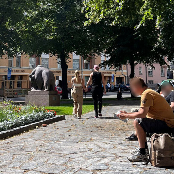 Onnellisen oloinen kaksikko tallusti Karhupuiston halki käsikädessä. Onnellisen oloinen kaksikko tallusti Karhupuiston halki käsikädessä.