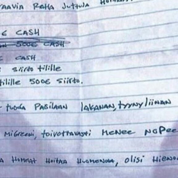 Niko kirjoitti muistilapuille selviä ohjeita, kuinka Sofiaa tuli rahoittaa. Osa rahoista tuli antaa käteisenä. Niko kirjoitti muistilapuille selviä ohjeita, kuinka Sofiaa tuli rahoittaa. Osa rahoista tuli antaa käteisenä.