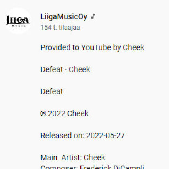 Liiga Music Oy muistetaan Cheekin levy-yhtiönä. Kuvakaappaus LiigaMusicin Youtubesta. Cheek