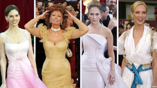 Tässäkö vuosituhannen hulluimmat ja mauttomimmat Oscar-asut? Muotitoimittajien tuomio: 'Kuin Harry Potterin puvustamosta' Hilary Swank, Sophia Loren, Jennifer Lopez ja Uma Thurman