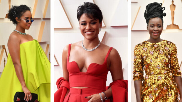 Graafisia leikkauksia, kimallusta ja röyhelöä - tässä ovat upeimmat asut Oscar-gaalan punaiselta matolta H.E.R., Ariana DeBose ja Lupita Nyong'o