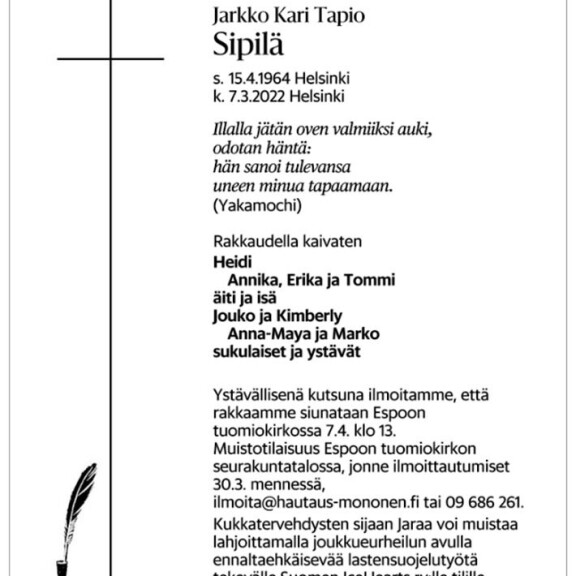 Kuvakaappaus HS:näköislehdestä. Jarkko Sipilä kuolinilmoitus Helsingin Sanomissa