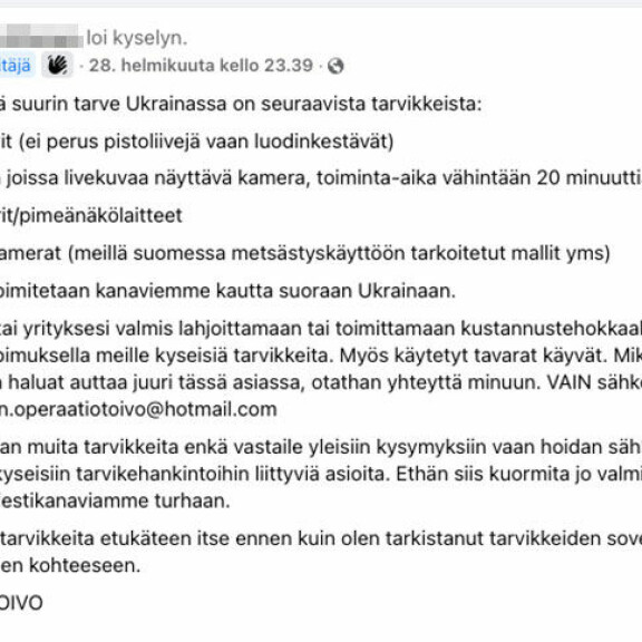 Ihmiset ovat ostaneet Operaatio Toivon pyynnöstä muun muassa luotiliivejä. Tarvikkeet Operaatio Toivo järjestää eteenpäin aina Ukrainaan saakka. Ihmiset ovat ostaneet Operaatio Toivon pyynnöstä muun muassa luotiliivejä. Tarvikkeet Operaatio Toivo järjestää eteenpäin aina Ukrainaan saakka.
