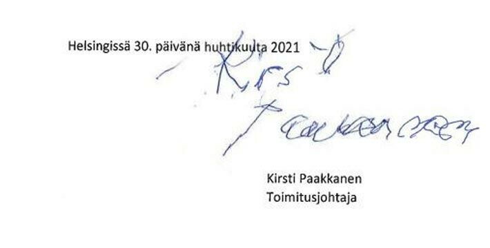 Kirsti teki isoja päätöksiä vain vuosi ennen kuolemaansa ja kuittasi tällä allekirjoituksella firmansa viimeiset tilinpäätöstiedot. Kirsti teki isoja päätöksiä vain vuosi ennen kuolemaansa ja kuittasi tällä allekirjoituksella firmansa viimeiset tilinpäätöstiedot.
