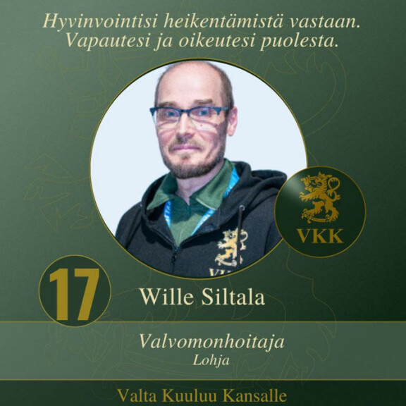 Wille Jarmo Viljam Siltala on VKK:n ehdokkaana aluevaaleissa. Kuvakaappaus Espoon VKK ry:n Facebook-sivuilta. VKK Wille Siltala