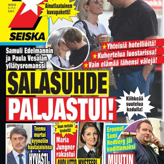 SEISKA 29/2018 Seiska paljasti kahden taiteilijan yllätysromanssin, kun Samuli Edelmann ja Paula tallentuivat helliin pusukuviin. SEISKA29/2018 Seiska paljasti kahden taiteilijan yllätysromanssin, kun Samuli Edelmann ja Paula tallentuivat helliin pusukuviin.