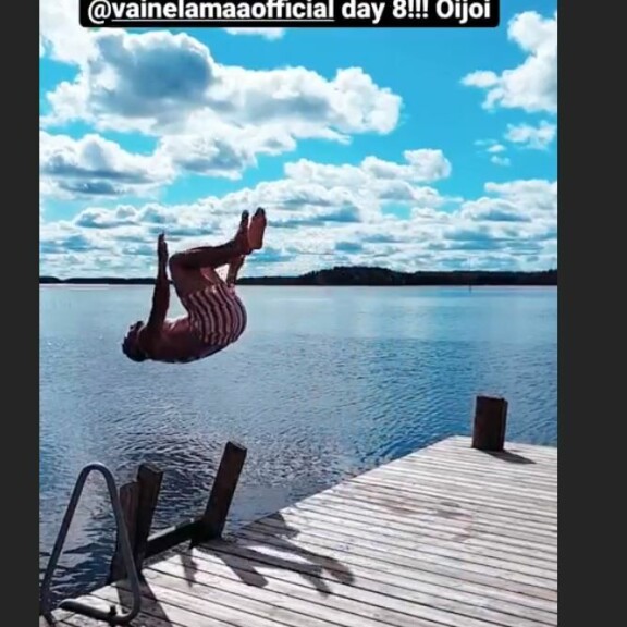 Reinon akrobaattinen temppu tallentui hidastetulle videolle. Kuvakaappaus Reinon Instagram-tarinoista. Reino Nordin backflip