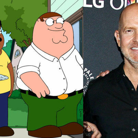 Näyttelijä Mike Henry kuvassa oikealla ja esittämänsä animaatiohahmo Cleveland Brown. familyguy