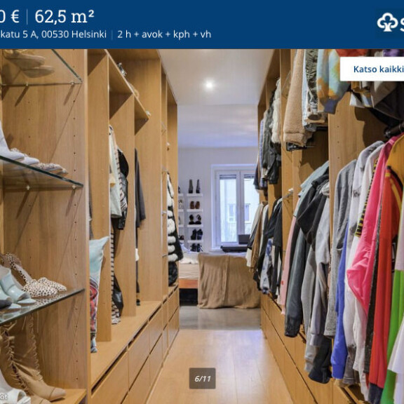 Sini Sabotagen kämppä myynnissä! Erikoiseen walk in -vaatehuoneeseen mahtuu tavaraa kuin pieneen puotiin! sini saobtagen asunto hakaniemiessä
