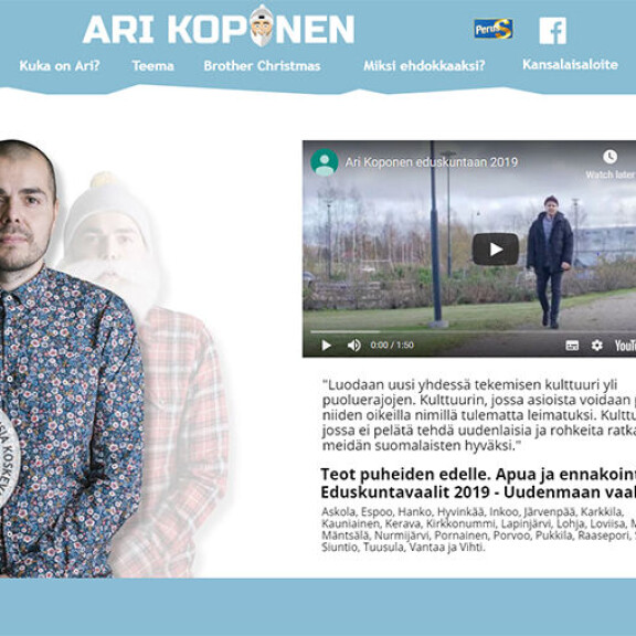 Ari 'Brother Christmas' Koponen haluaa eduskuntaan - ei suostu kertomaan, onko liittynyt perussuomalaisiin: 'Oli itse aloitteellinen ehdokkuudesta' Kotisivullaan Koponen poseeraa ilman tekopartaa.