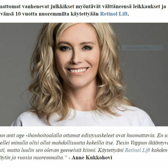 Vappu Pimiän lisäksi Anne Kukkohovi ja monet muut suomalaiset julkkisnaiset joutuivat valeuutisen uhriksi: ”Hankala tehdä yhtikäs mitään!” Anne Kukkohovi mainoksessa.