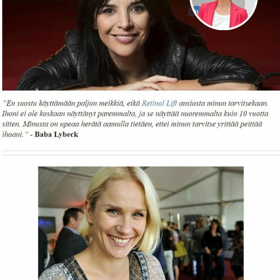 Vappu Pimiän lisäksi Anne Kukkohovi ja monet muut suomalaiset julkkisnaiset joutuivat valeuutisen uhriksi: ”Hankala tehdä yhtikäs mitään!” Baba Lybeck ja Laura Malmivaara huijausmainoksessa.