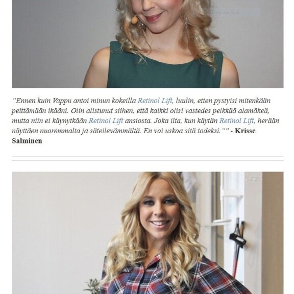 Vappu Pimiän lisäksi Anne Kukkohovi ja monet muut suomalaiset julkkisnaiset joutuivat valeuutisen uhriksi: ”Hankala tehdä yhtikäs mitään!” Krisse Salminen ja Krista Siegfrids huijjausmainoksessa.