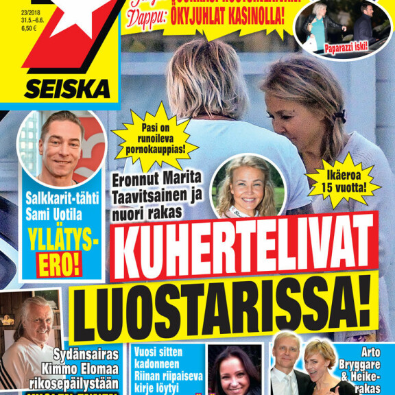 Marita Taavitsaisen ja 15 vuotta nuoremman Pasin kolmiodraamasta alkanut suhde kukoistaa: kuhertelivat luostarissa! Marita Taavitsainen Seiskan kansijutussa.
