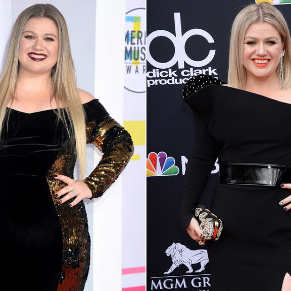 Kelly marraskuussa 2017 (vas.) ja toukokuussa 2018. Kelly Clarkson