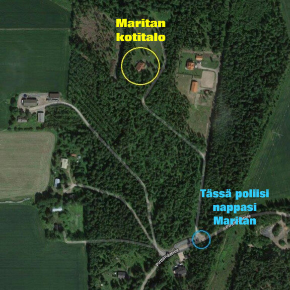 Maritan käsitys kotipihasta on laaja. Keltaisessa ympyrässä on laulajan koti ja sinisessä paikka, jossa poliisi nappasi hänet. marita taavitsaisen koti ja poliisin pysäytyspaikka
