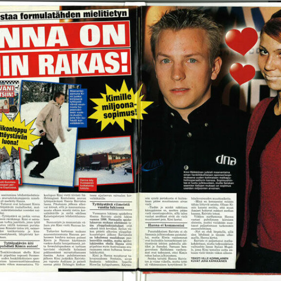 SEISKA 6/2001 21-vuotias Kimi oli F1-uransa alussa onnellisesti kihloissa Hanna-rakkaansa kanssa. SEISKA 6/2001 21-vuotias Kimi oli F1-uransa alussa onnellisesti kihloissa Hanna-rakkaansa kanssa.