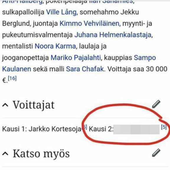 Selviytyjät Suomi -ohjelman Wikipedia-sivuille ilmestyi ”voittajan” nimi – Nelonen: Emme tiedä kuka on nimen sinne lisännyt! inline
