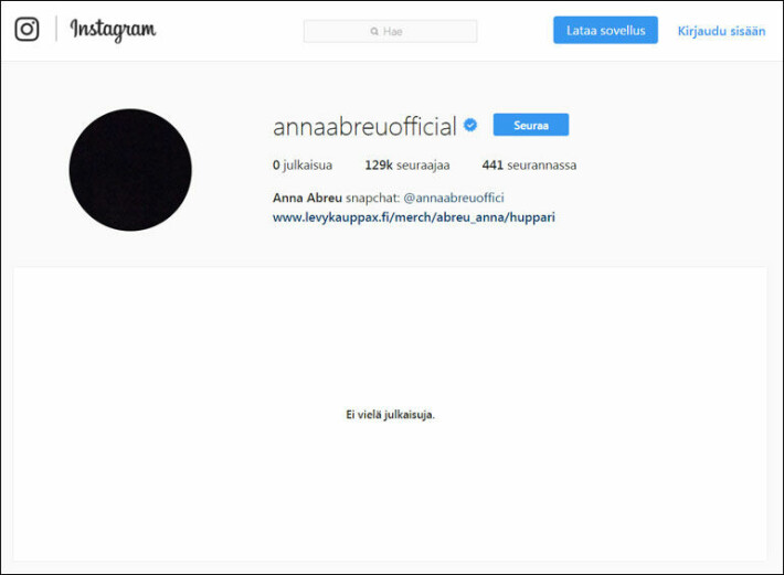 Mitä ihmettä: Anna Abreu jätti 129 000 seuraajaansa tyhjän päälle – poisti kaikki kuvansa Instagram-tililtään! Anna Abreun Instagram-profiili